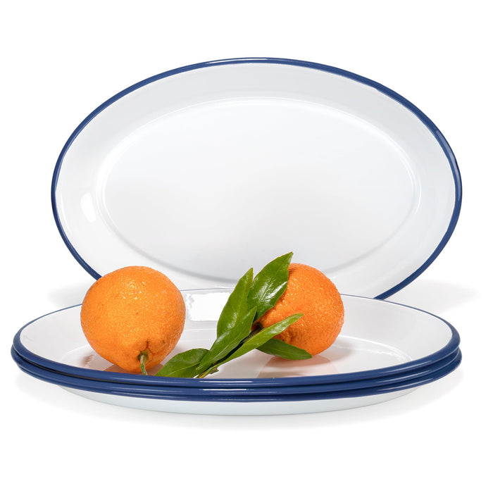 Red Co. Enamelware Metal Classic 13" Serving Oval Tray Platter, Solid White/Color Rim