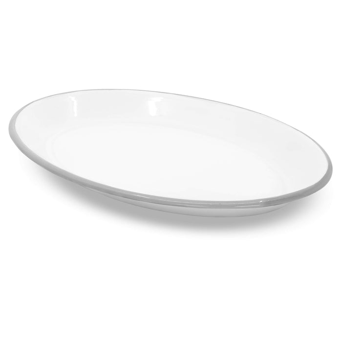 Red Co. Enamelware Metal Classic 13" Serving Oval Tray Platter, Solid White/Color Rim