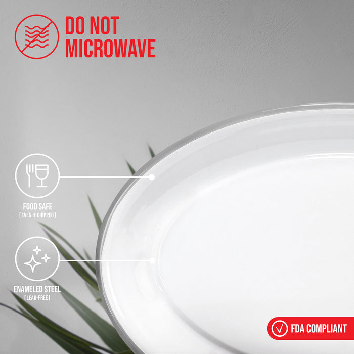 Red Co. Enamelware Metal Classic 13" Serving Oval Tray Platter, Solid White/Color Rim