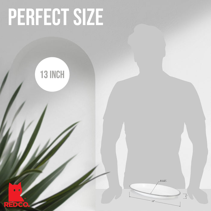 Red Co. Enamelware Metal Classic 13" Serving Oval Tray Platter, Solid White/Color Rim