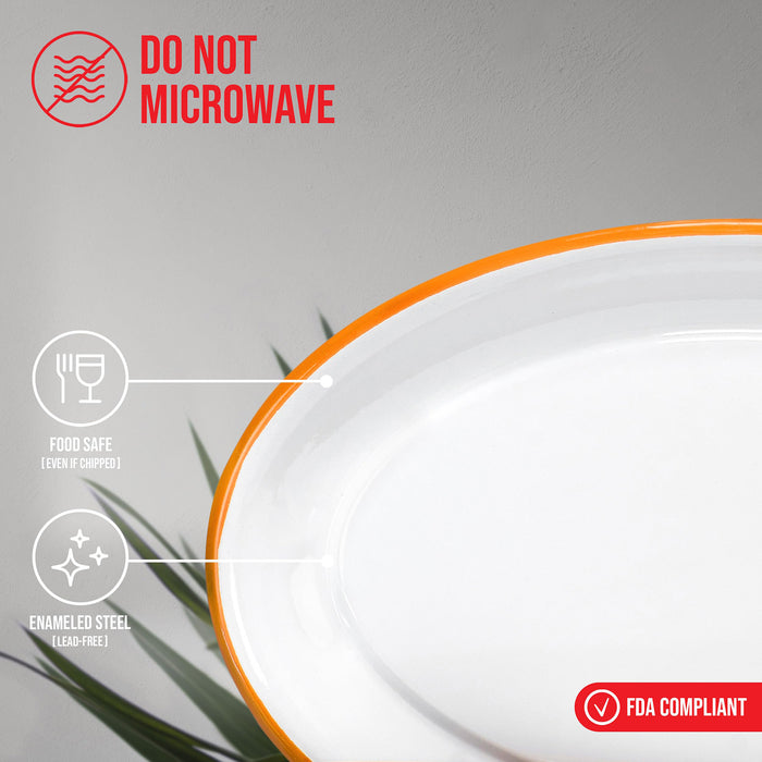 Red Co. Enamelware Metal Classic 13" Serving Oval Tray Platter, Solid White/Color Rim