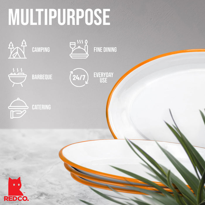 Red Co. Enamelware Metal Classic 13" Serving Oval Tray Platter, Solid White/Color Rim