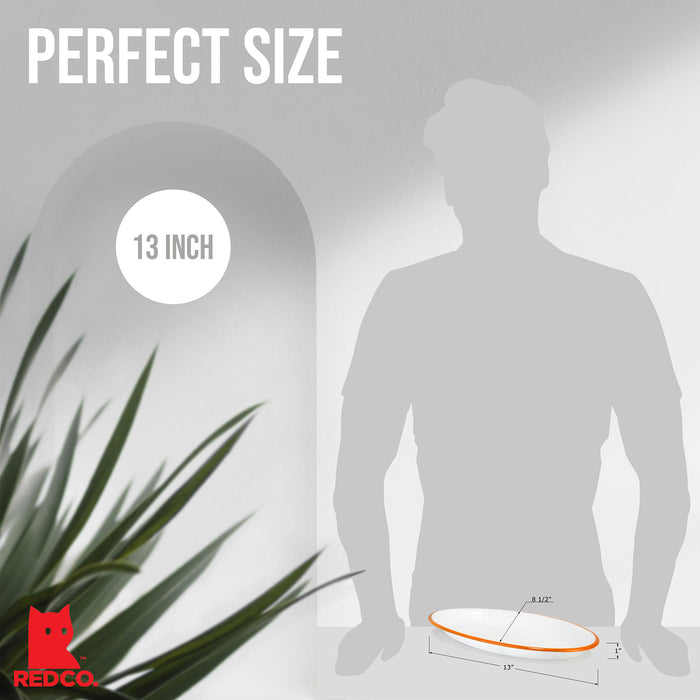 Red Co. Enamelware Metal Classic 13" Serving Oval Tray Platter, Solid White/Color Rim