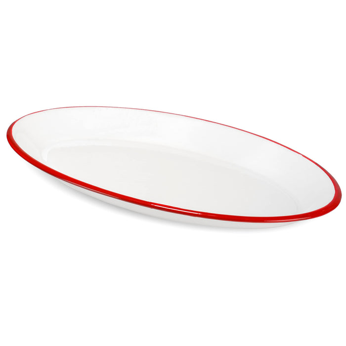 Red Co. Enamelware Metal Classic 13" Serving Oval Tray Platter, Solid White/Color Rim