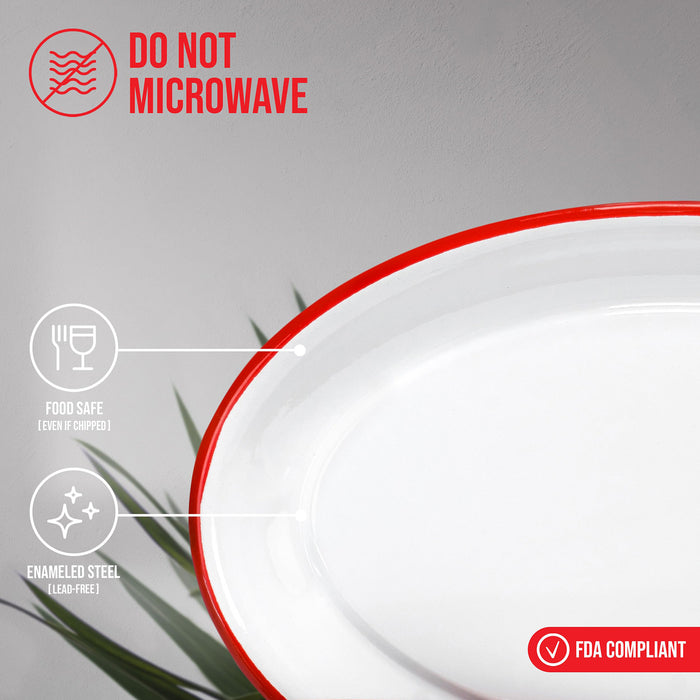 Red Co. Enamelware Metal Classic 13" Serving Oval Tray Platter, Solid White/Color Rim