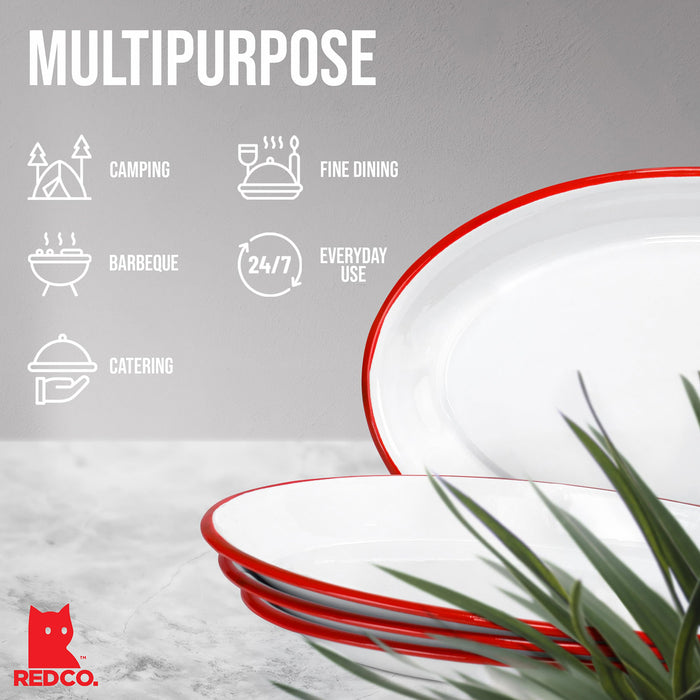 Red Co. Enamelware Metal Classic 13" Serving Oval Tray Platter, Solid White/Color Rim