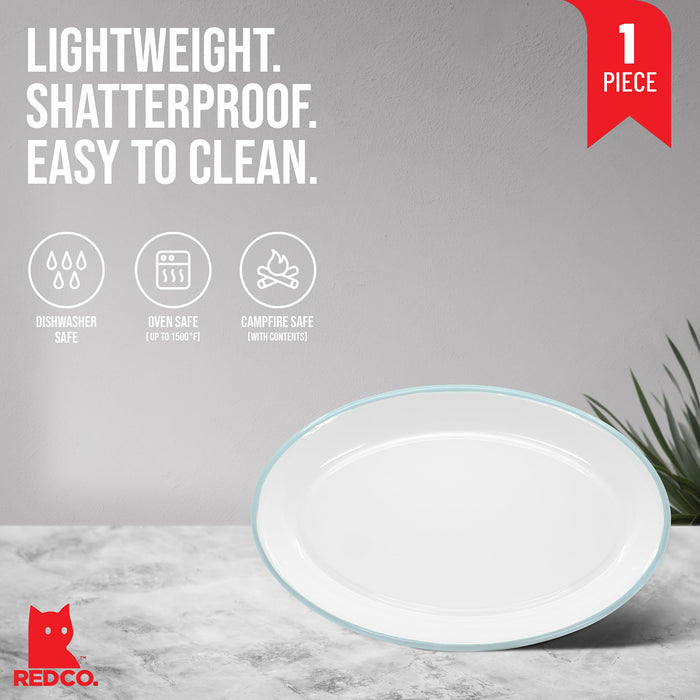 Red Co. Enamelware Metal Classic 13" Serving Oval Tray Platter, Solid White/Color Rim
