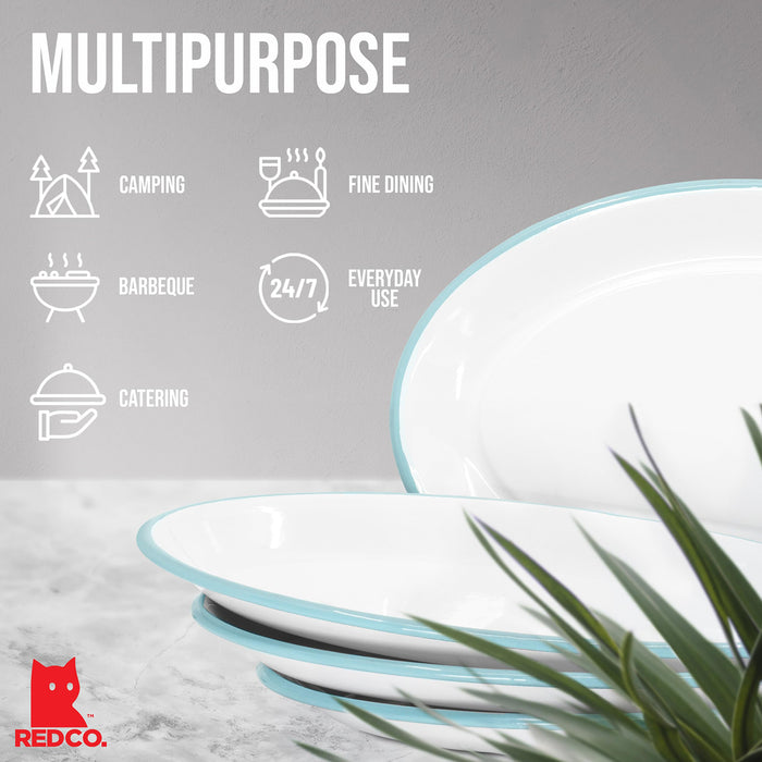 Red Co. Enamelware Metal Classic 13" Serving Oval Tray Platter, Solid White/Color Rim