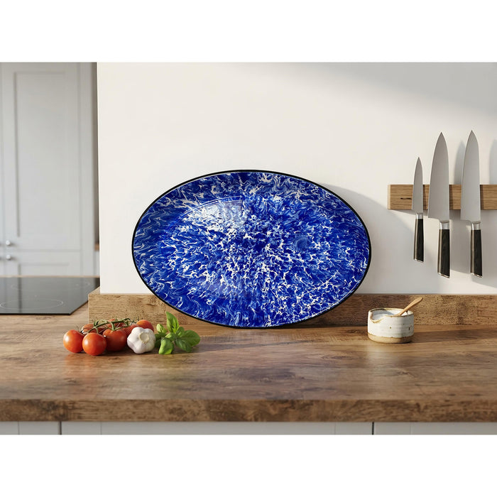 Red Co. Set of 4 Enamelware Metal Classic 13" Serving Oval Tray Platter, Navy Blue Marble/Black Rim - Splatter Design