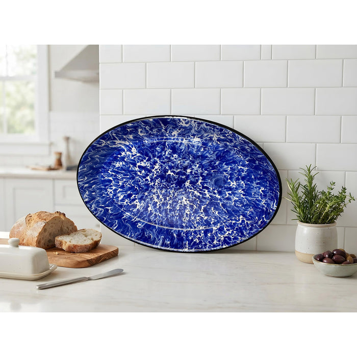 Red Co. Enamelware Metal Classic 13" Serving Oval Tray Platter, Navy Blue Marble/Black Rim - Splatter Design