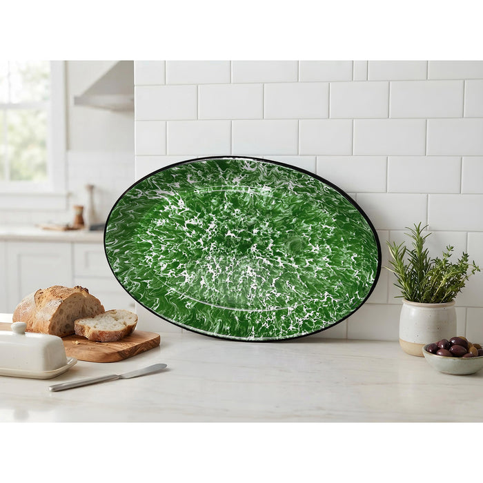 Red Co. Set of 4 Enamelware Metal Classic 13" Serving Oval Tray Platter, Dark Green Marble/Black Rim - Splatter Design
