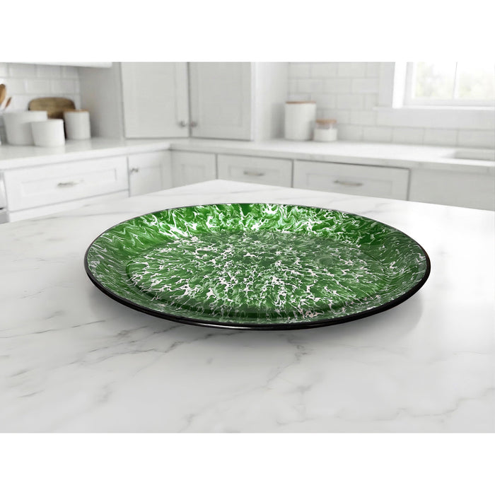 Red Co. Enamelware Metal Classic 13" Serving Oval Tray Platter, Dark Green Marble/Black Rim - Splatter Design