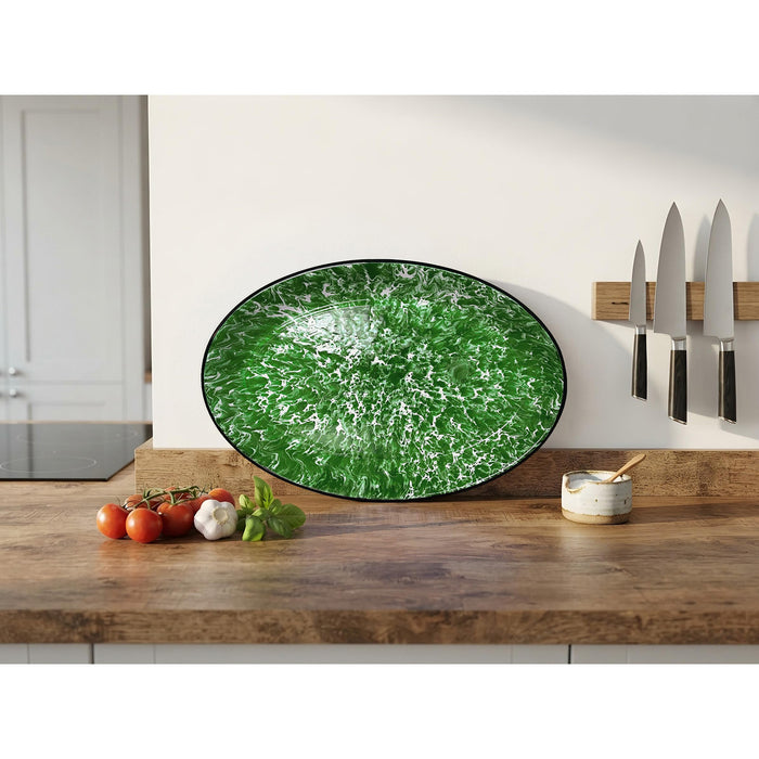 Red Co. Enamelware Metal Classic 13" Serving Oval Tray Platter, Dark Green Marble/Black Rim - Splatter Design