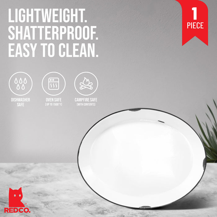 Red Co. Oven Safe Enamelware Metal Classic 16.5” Serving Oval Tray Platter, Distressed White/Black Rim