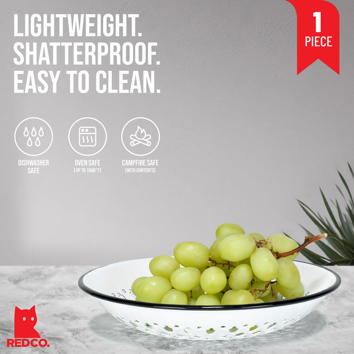 Red Co. Enamelware Metal Classic 9.5 Inch Round Flat Food Strainer Colander, Solid White/Black Rim