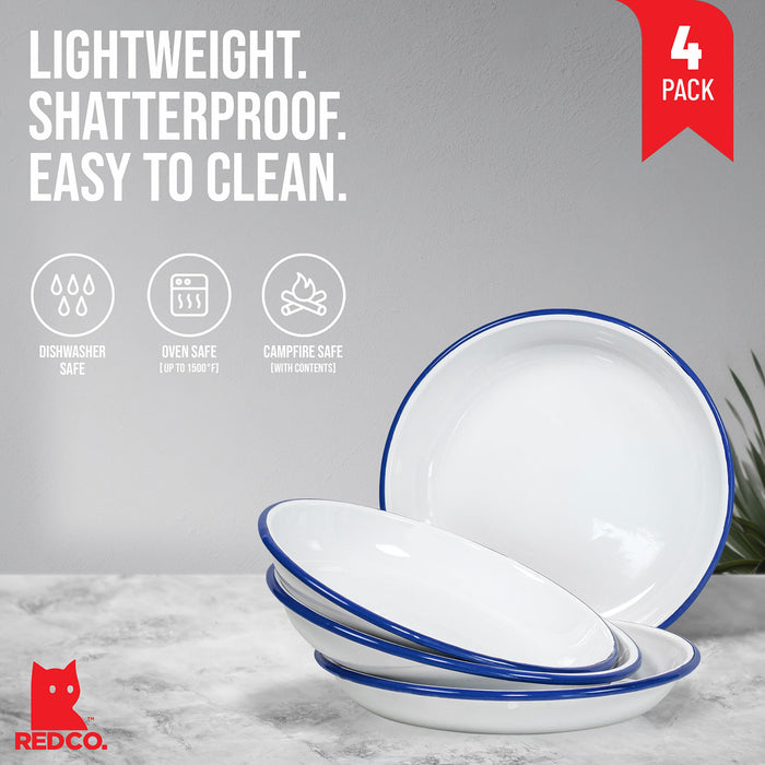 Red Co. Set of 4 Enamelware Metal 10” Round Camping Plates, Solid White/Color Rim