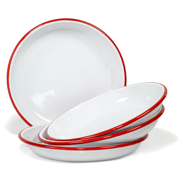 Red Co. Set of 4 Enamelware Metal 10” Round Camping Plates, Solid White/Color Rim