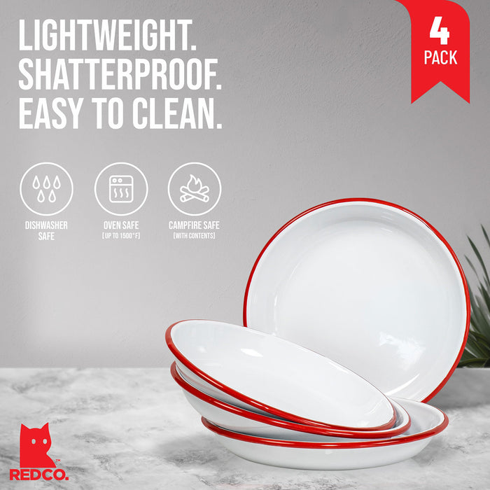 Red Co. Set of 4 Enamelware Metal 10” Round Camping Plates, Solid White/Color Rim