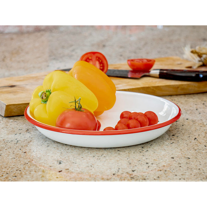 Red Co. Set of 4 Enamelware Metal 10” Round Camping Plates, Solid White/Color Rim