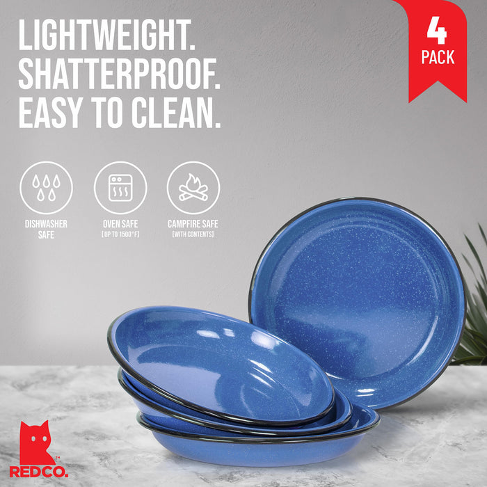 Red Co. Set of 4 Enamelware Metal 10” Round Camping Plates, White-Speckled Design