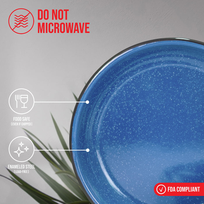 Red Co. Set of 4 Enamelware Metal 10” Round Camping Plates, White-Speckled Design