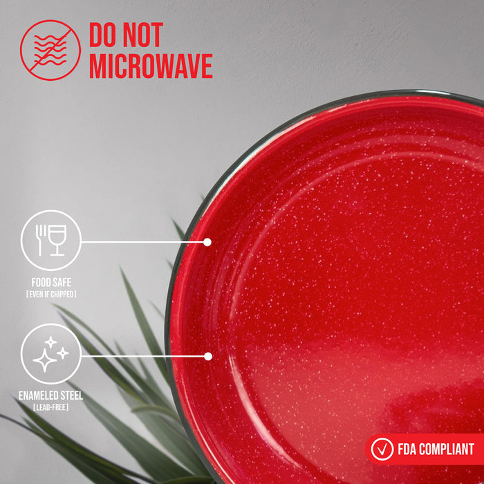 Red Co. Set of 4 Enamelware Metal 10” Round Camping Plates, White-Speckled Design