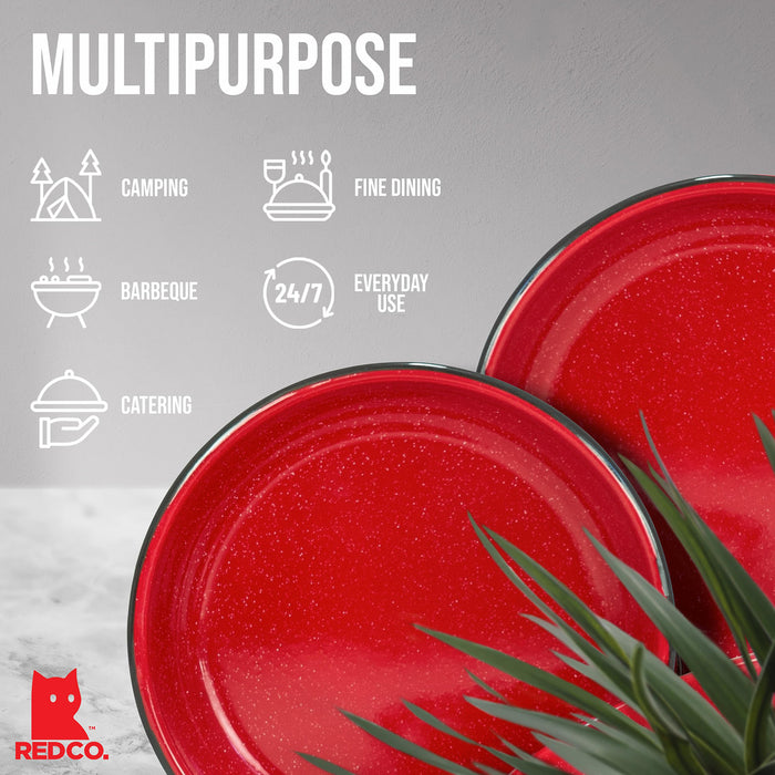 Red Co. Set of 4 Enamelware Metal 10” Round Camping Plates, White-Speckled Design