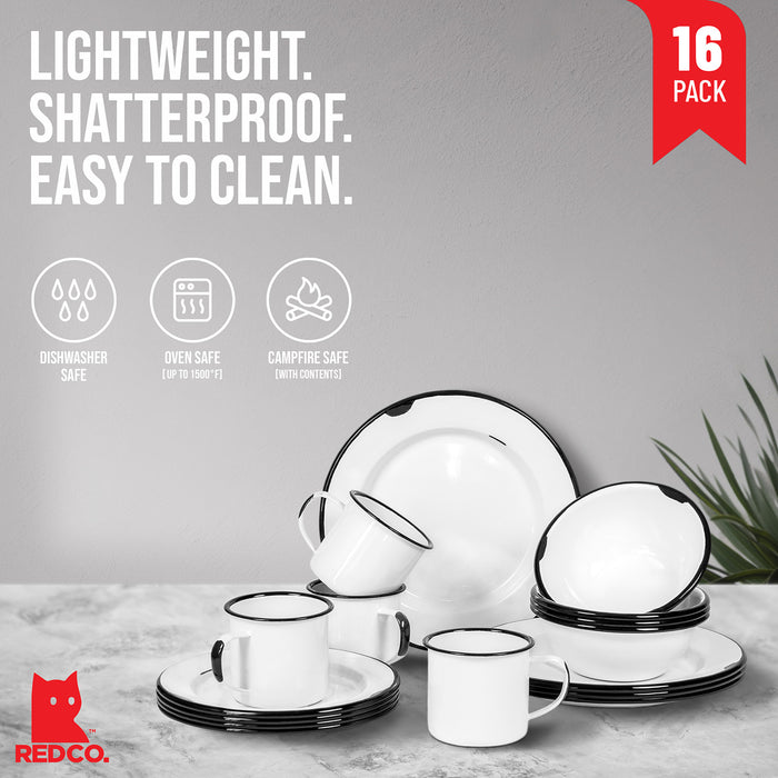 Red Co. 16-Piece Enamelware Metal Dinnerware Set for 4, White/Color Rim