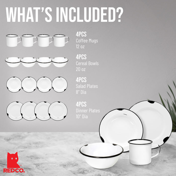 Red Co. 16-Piece Enamelware Metal Dinnerware Set for 4, White/Color Rim