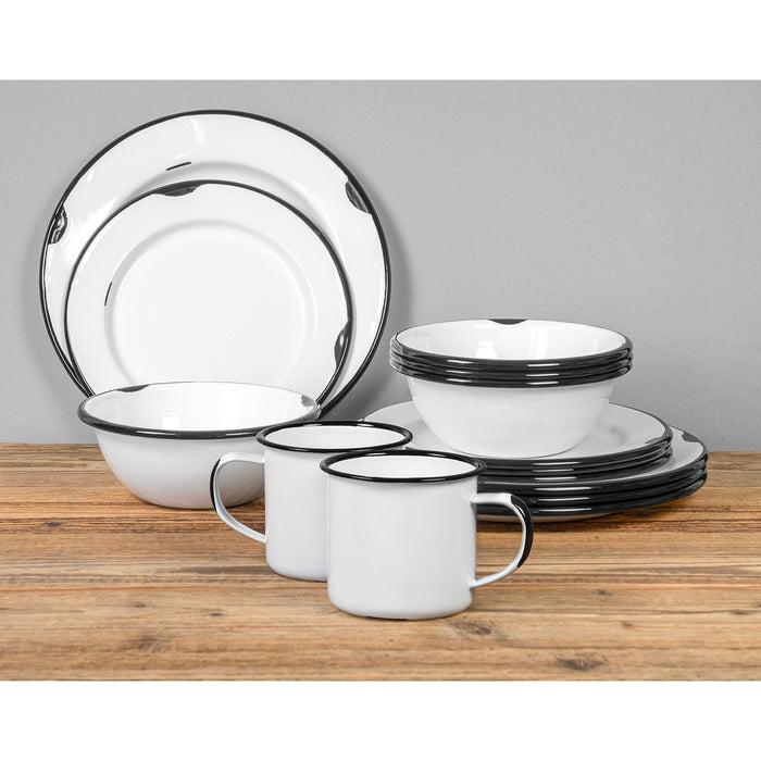 Red Co. 16-Piece Enamelware Metal Dinnerware Set for 4, White/Color Rim