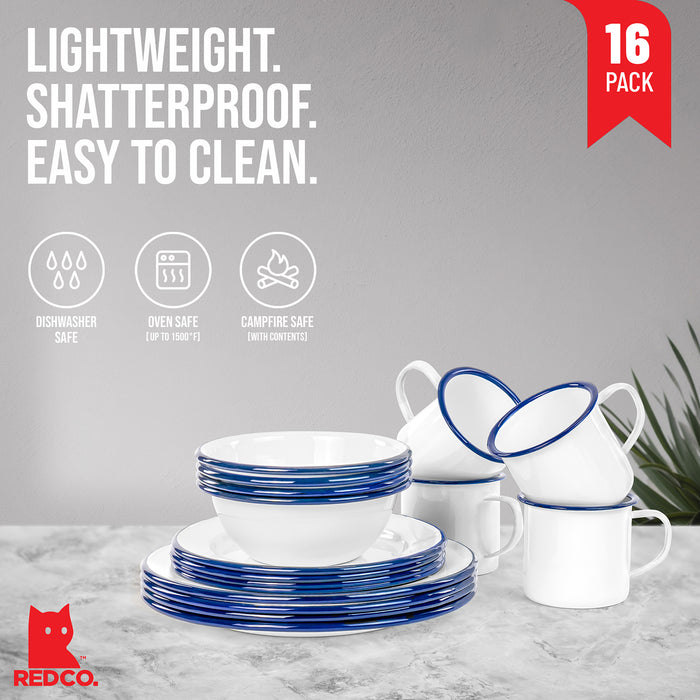 Red Co. 16-Piece Enamelware Metal Dinnerware Set for 4, White/Color Rim