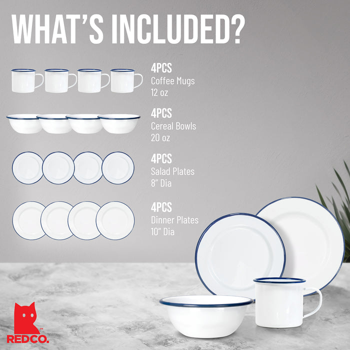 Red Co. 16-Piece Enamelware Metal Dinnerware Set for 4, White/Color Rim