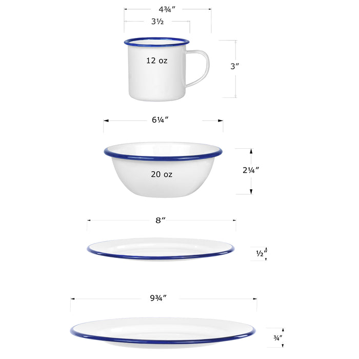 Red Co. 16-Piece Enamelware Metal Dinnerware Set for 4, White/Color Rim
