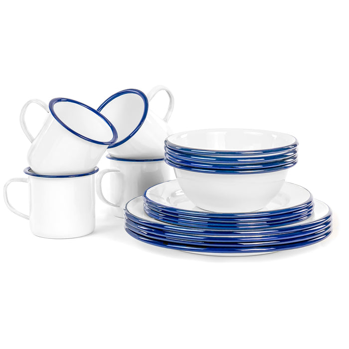 Red Co. 16-Piece Enamelware Metal Dinnerware Set for 4, White/Color Rim