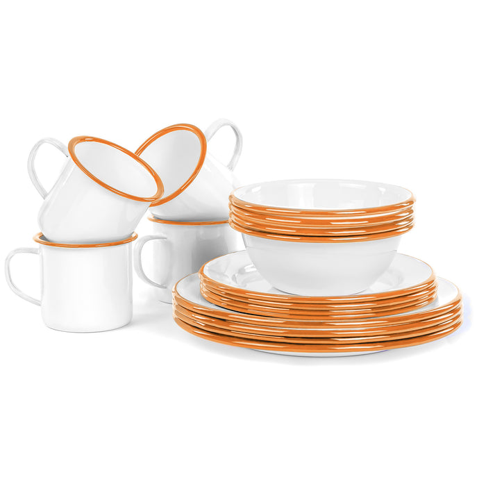 Red Co. 16-Piece Enamelware Metal Dinnerware Set for 4, White/Color Rim