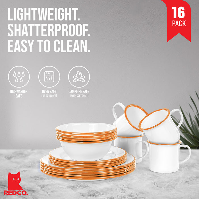Red Co. 16-Piece Enamelware Metal Dinnerware Set for 4, White/Color Rim