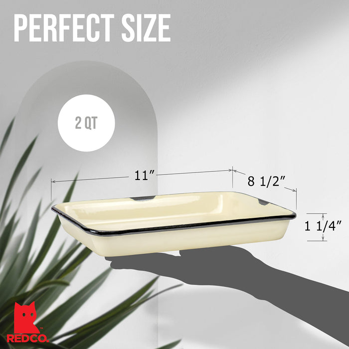 Red Co. 11 x 9 Enamelware Metal Classic 2 Quart Rectangular Serving Tray, Distressed/Black Rim