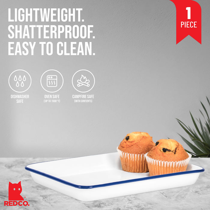 Red Co. 11" x 9" Enamelware Metal Classic 2 Quart Rectangular Serving Tray, Solid White/Color Rim