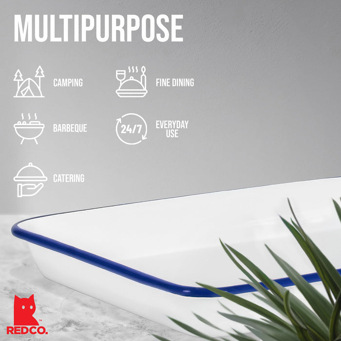 Red Co. 11" x 9" Enamelware Metal Classic 2 Quart Rectangular Serving Tray, Solid White/Color Rim