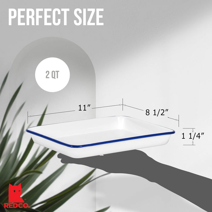 Red Co. 11" x 9" Enamelware Metal Classic 2 Quart Rectangular Serving Tray, Solid White/Color Rim