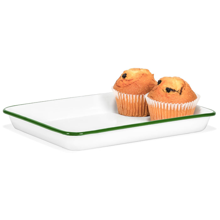 Red Co. 11" x 9" Enamelware Metal Classic 2 Quart Rectangular Serving Tray, Solid White/Color Rim