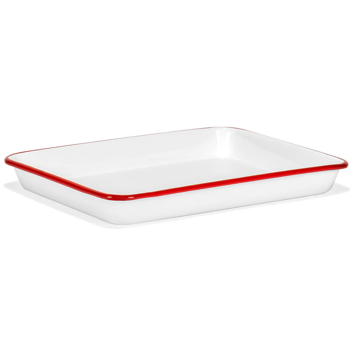 Red Co. 11" x 9" Enamelware Metal Classic 2 Quart Rectangular Serving Tray, Solid White/Color Rim