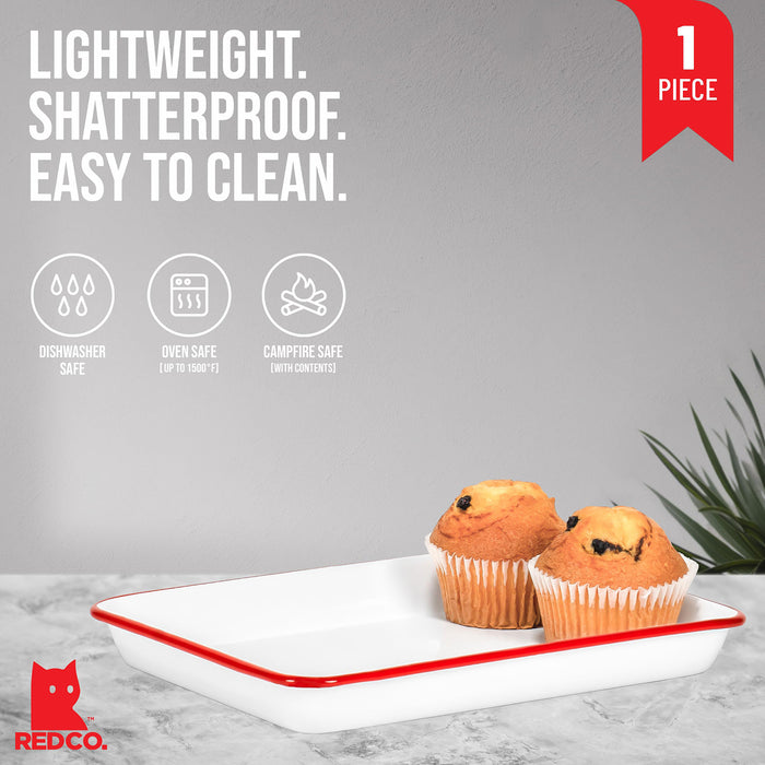 Red Co. 11" x 9" Enamelware Metal Classic 2 Quart Rectangular Serving Tray, Solid White/Color Rim