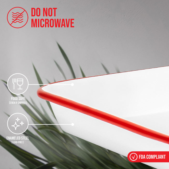 Red Co. 11" x 9" Enamelware Metal Classic 2 Quart Rectangular Serving Tray, Solid White/Color Rim
