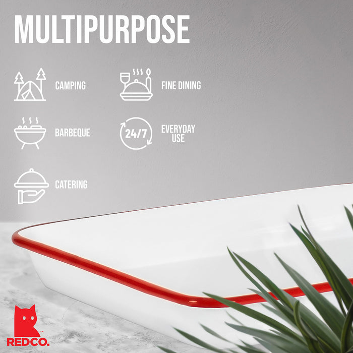 Red Co. 11" x 9" Enamelware Metal Classic 2 Quart Rectangular Serving Tray, Solid White/Color Rim