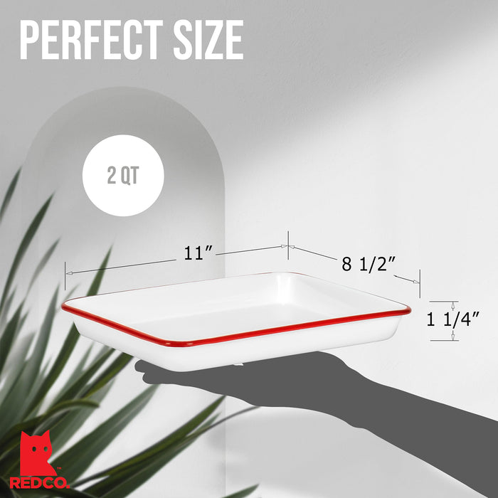 Red Co. 11" x 9" Enamelware Metal Classic 2 Quart Rectangular Serving Tray, Solid White/Color Rim