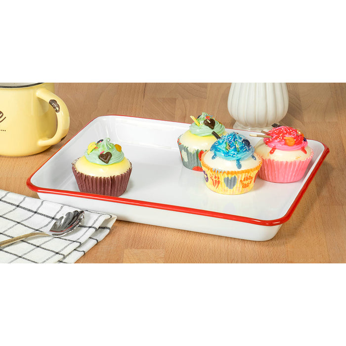 Red Co. 11" x 9" Enamelware Metal Classic 2 Quart Rectangular Serving Tray, Solid White/Color Rim