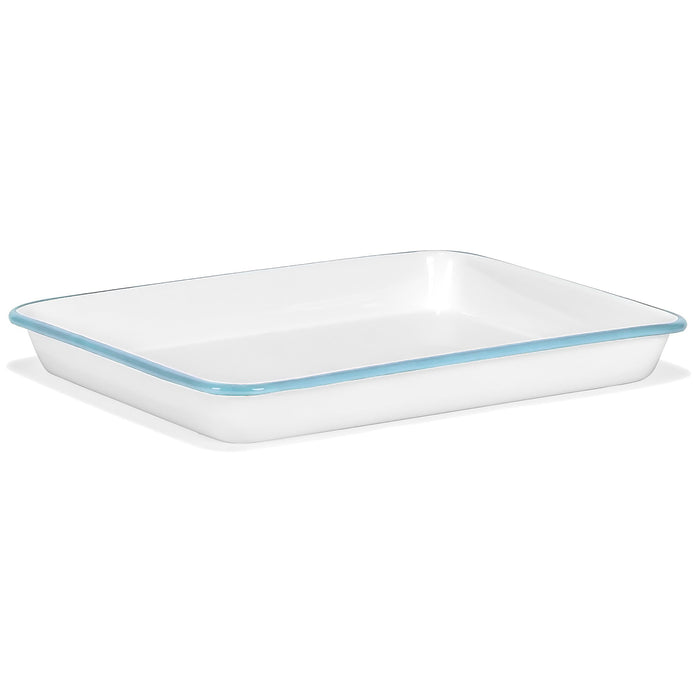 Red Co. 11" x 9" Enamelware Metal Classic 2 Quart Rectangular Serving Tray, Solid White/Color Rim