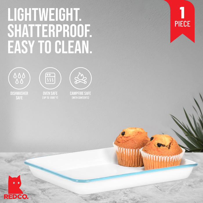 Red Co. 11" x 9" Enamelware Metal Classic 2 Quart Rectangular Serving Tray, Solid White/Color Rim