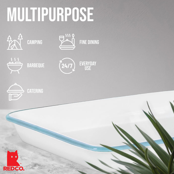 Red Co. 11" x 9" Enamelware Metal Classic 2 Quart Rectangular Serving Tray, Solid White/Color Rim
